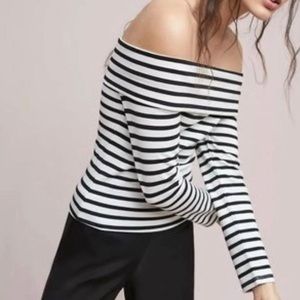 Maeve Anthropologie Alta Off the Shoulder Striped Top. Black+White